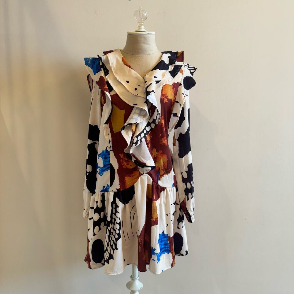 Mulla Ruffle Mini Dress Womens Small Art to Wear Boho Festival Maximalism Colors